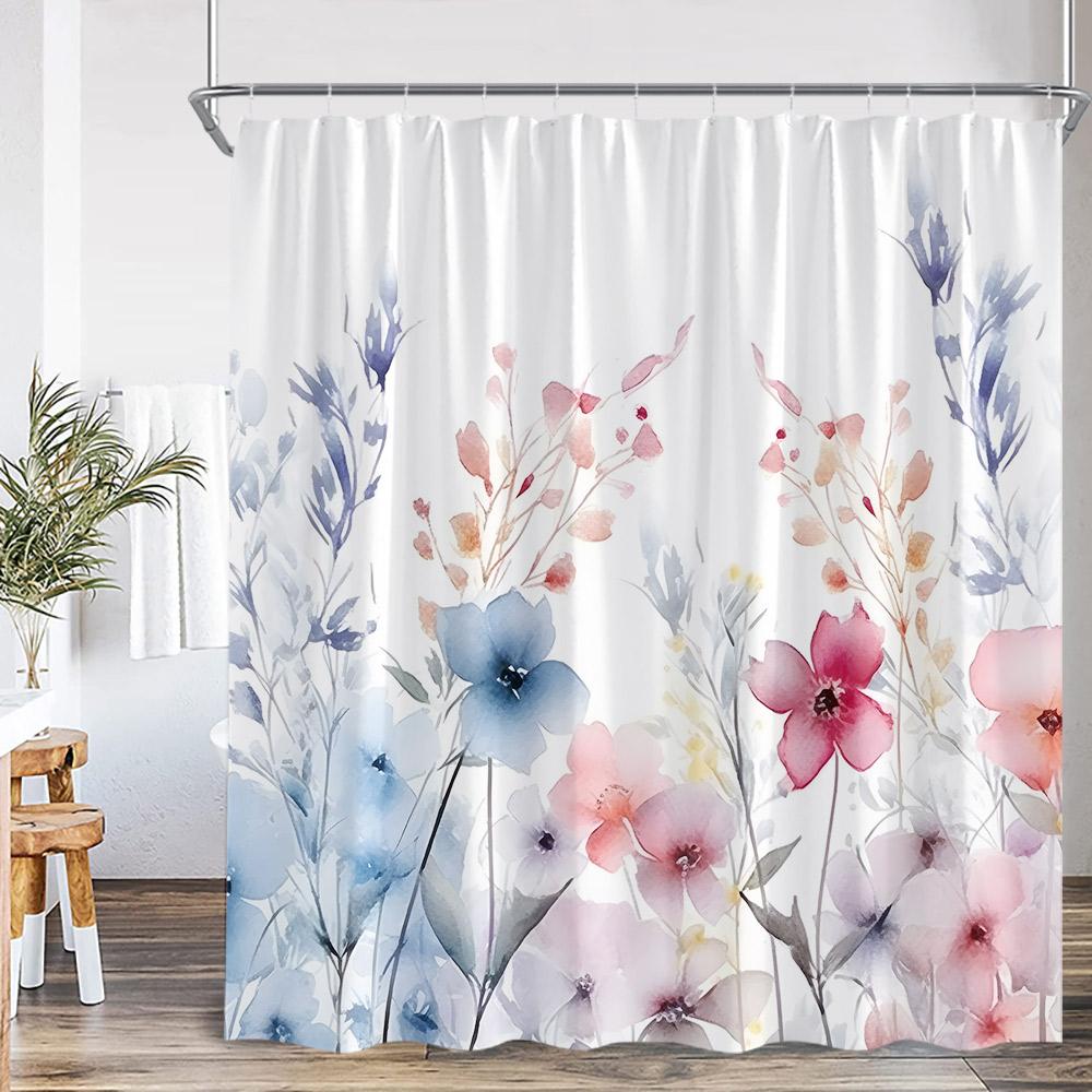 Watercolor Floral Shower Curtain Colorful Flower Green Blue Teal Plant Botanical Bathroom Decor Polyester Bath Curtain with Hook