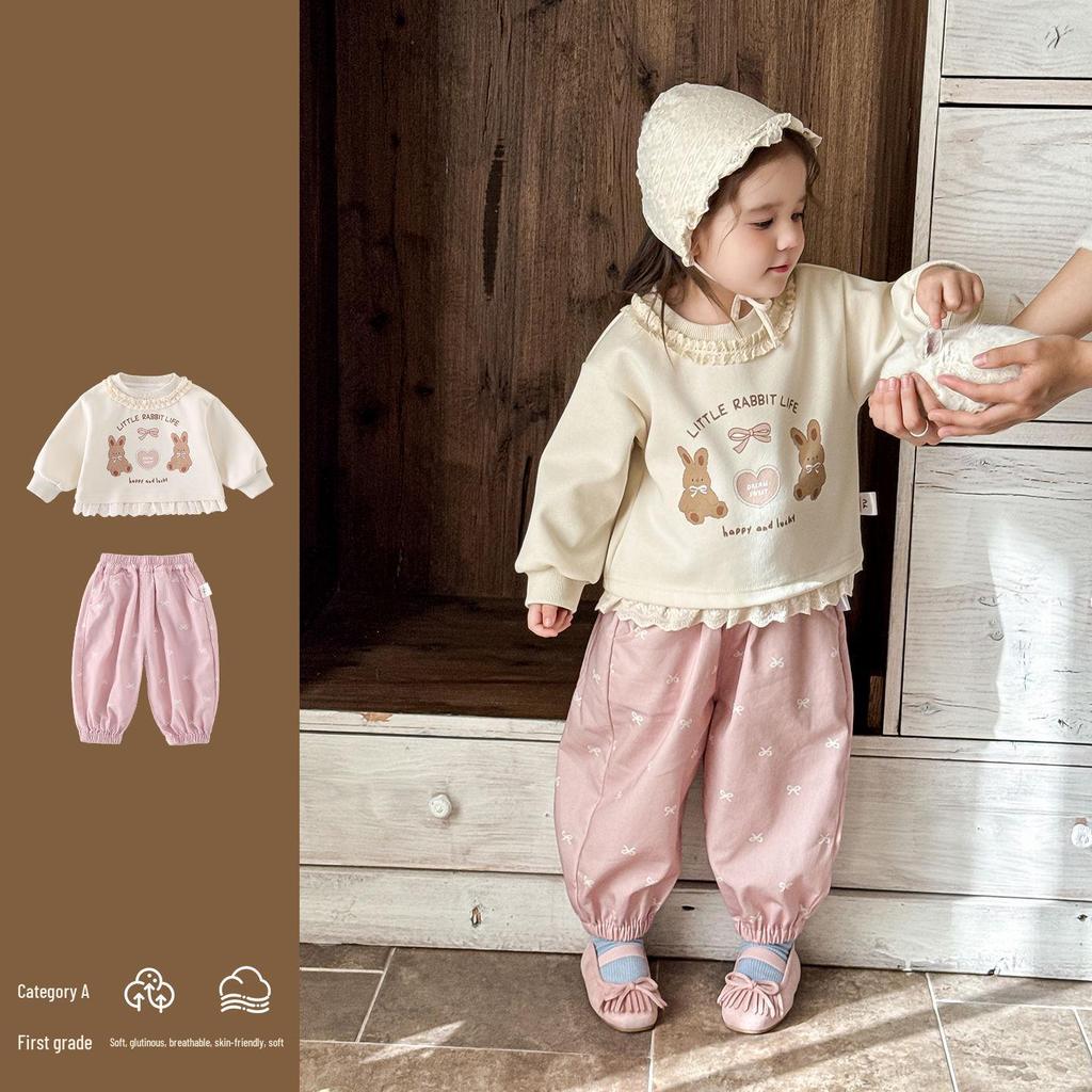 Korean Girls' Spring 2026 Cartoon Hoodie & Pants Two-Piece Set
