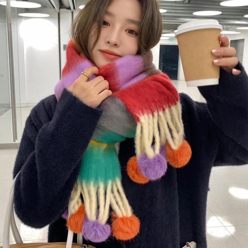 Dopamine Color Striped Handmade Hairball Warm Scarf Women's Winter Thickened Cold-proof Couple Scarf Shawl