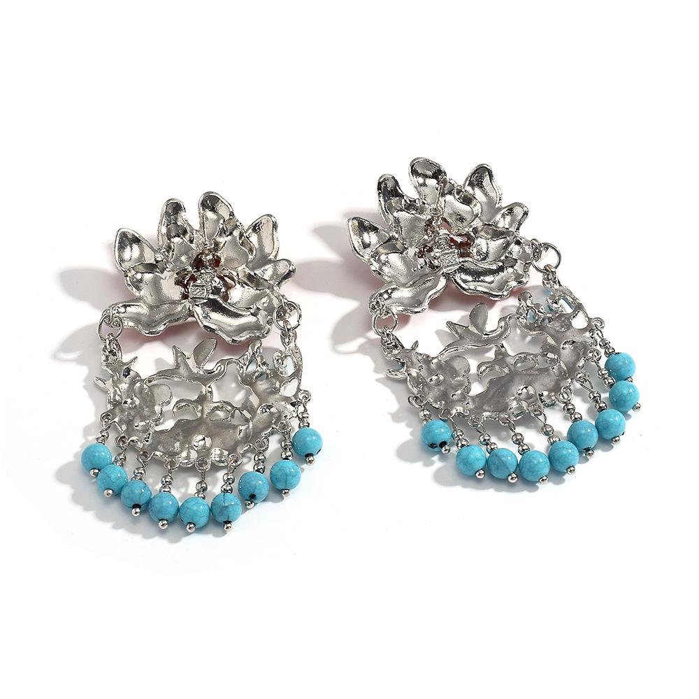Chinese Peony Tassel Earrings with Turquoise Beads and Color Contrast Drip Oil - Ethnic Style
