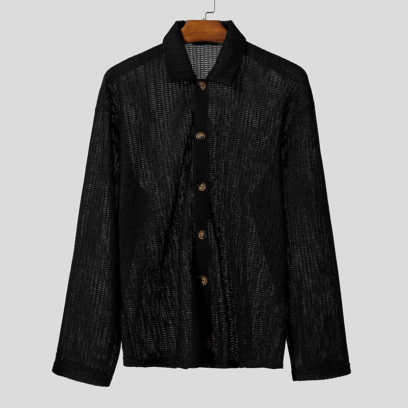 

INCERUN Мужской кардиган с лацканами, длинным рукавом, на пуговицах, с ажурным вязанием крючком S чёрный