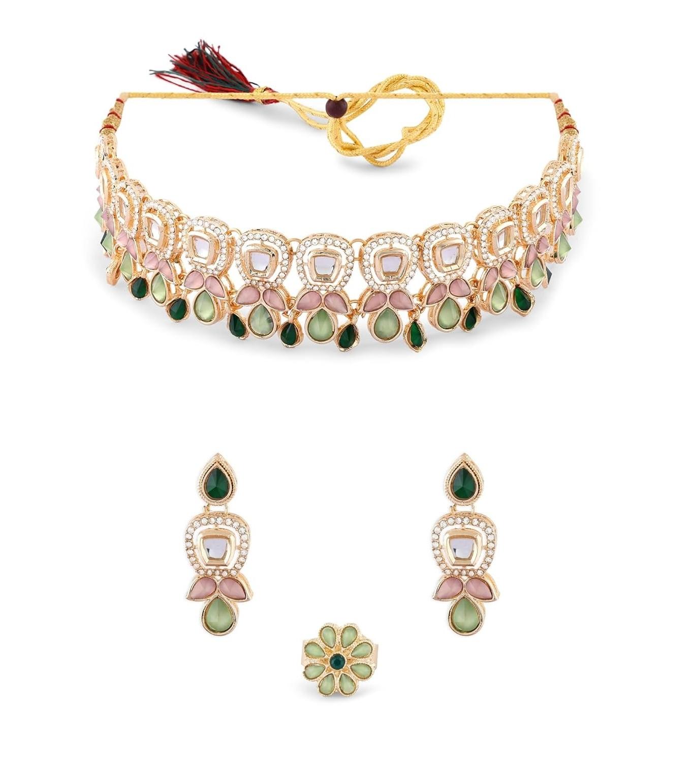 Зеленые розовые камни австрийские бриллианты украшенные колье серьги и кольцо комплект для женщин Onesize