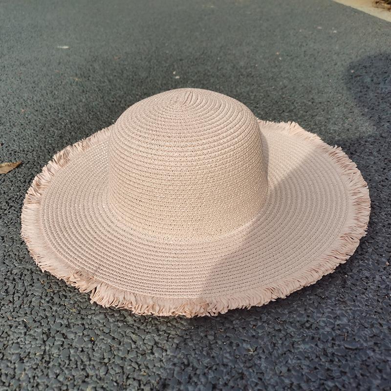 

Summer Woman Straw Hat Solid Color Wide Brim Dome Sun Hat Fringe Beach Cap Foldable