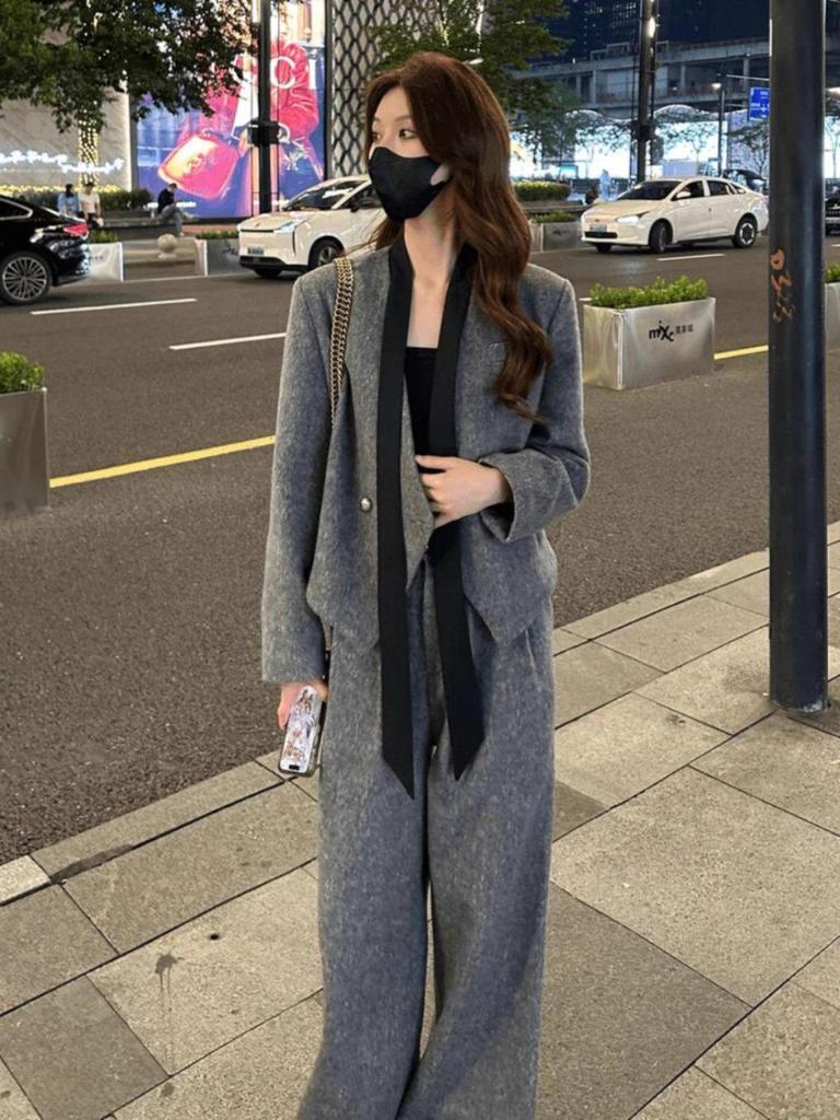 Women's Woolen Blazer & Straight-Leg Trousers Two-Piece Set for Autumn and Winter