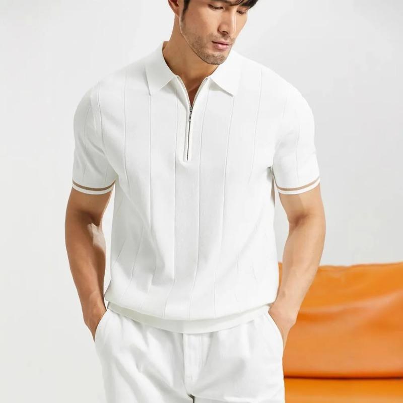 Mens Quarter Zip Knit Polo Shirt Vertical Stripe Short Sleeve Casual Contrast Trim Collared Top