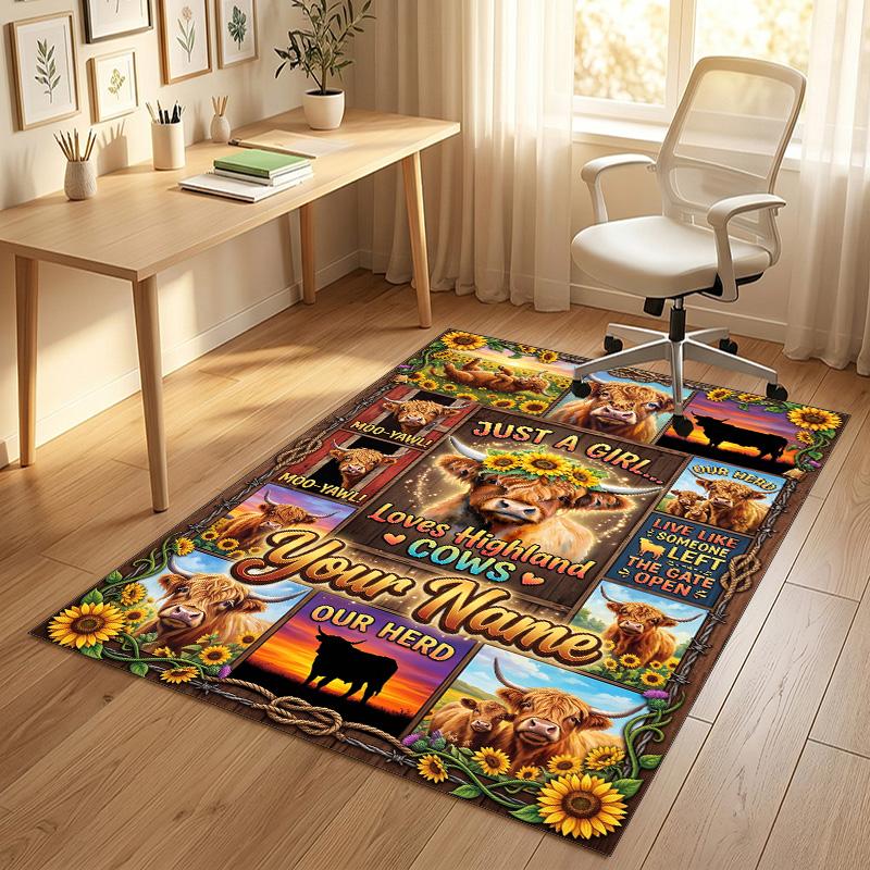 Cow Highland Theme Crystal Velvet Rug Personalized Custom Name Text Soft Floor Mat Home Decor