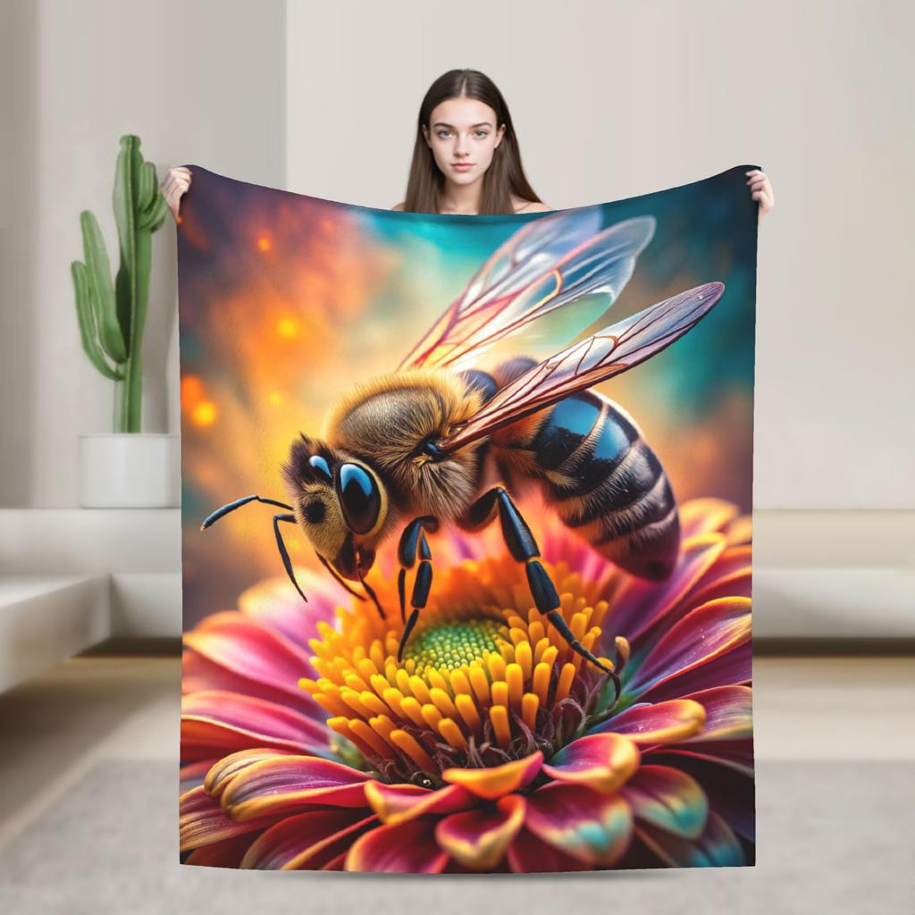 Bee and Flowers Flannel Blanket Adults Child Warm Bedding Throws Winter Home Decor Bedspread Sofa Bed Cover