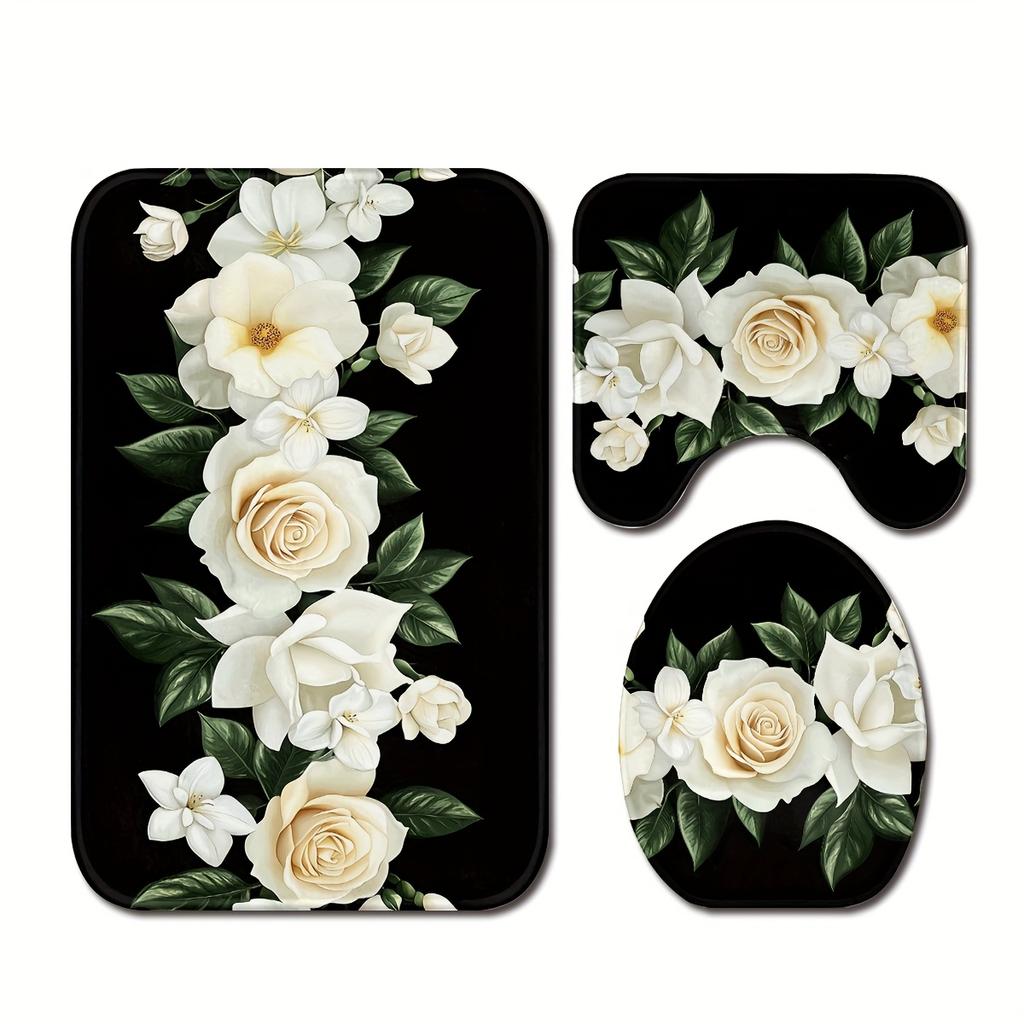 For 3-Piece Rose Valentine Bathroom Set - Machine Washable Polyester with Toilet Seat, U-Shaped Seat and Non-Slip Mat