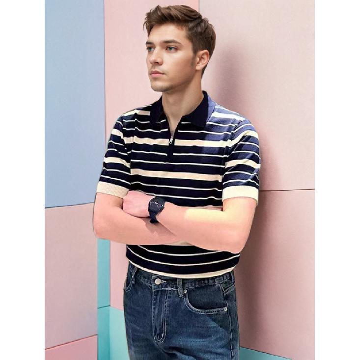 2025 Summer INS Trend Hong Kong Style Wide Stripe Polo Shirt Men's Short Sleeve T-Shirt Casual Versatile Turn-Down Collar Top