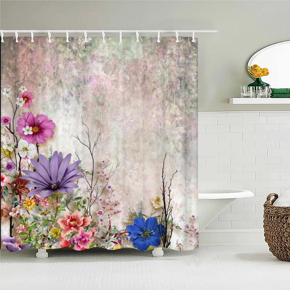 Romantic Retro Blooming Flowers Shower Curtain Garden Bath Curtains Waterproof Polyester Bathroom Shower Curtains Set with Hooks