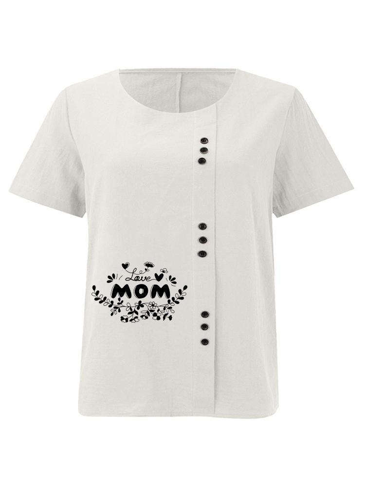 Women's Fashion Black Letter Floral Pattern Print Round Neck Short Sleeve T-shirt Summer Casual Cotton Linen Graphic Shirt Leisure Loose Blouse Tops