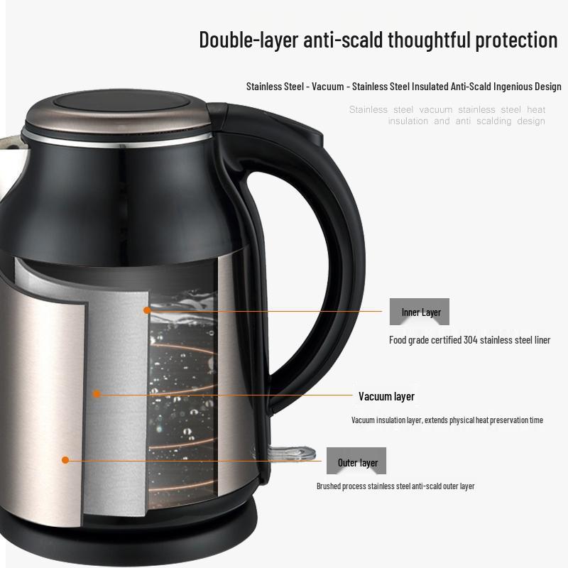Ouke 1.8L Double-Layer Anti-Scald Electric Kettle with Seamless 304 Steel Inner Liner 1.8L