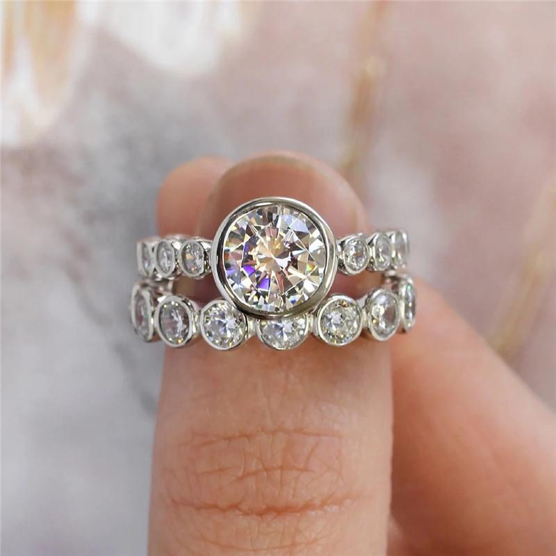 

Кольца-обещания из цельного круглого кубического циркония для женщин, роскошный комплект из 2 предметов, свадебные трендовые женские аксессуары, ювелирные изделия из стерлингового серебра 9