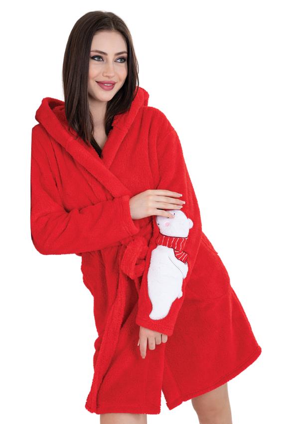 Damen-Bademantel Dick Kurz Kapuze Plüsch M red