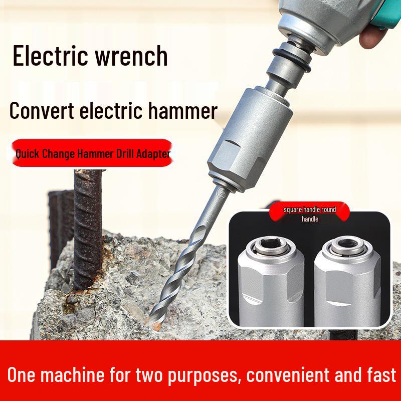 Universal Electric Wrench To Rotary Hammer Converter with Square and Round Handles, Two-Groove Drill Bit Adapter