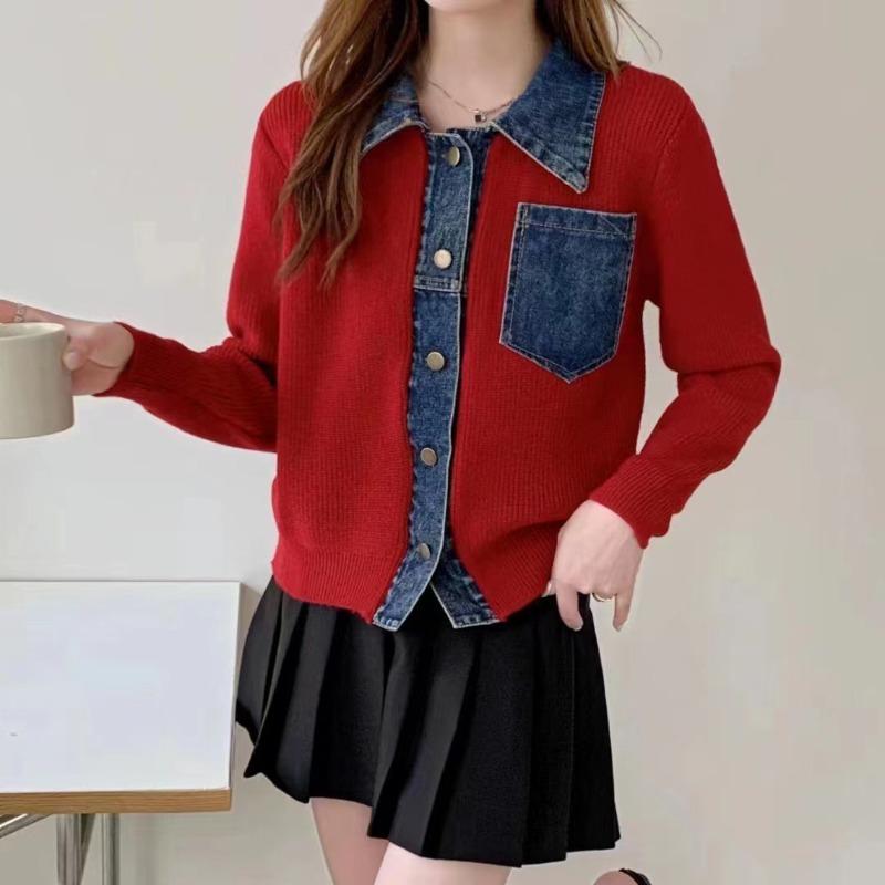Autumn and winter PO collar short top women's fake two-piece denim collar splicing jacket knitted cardigan