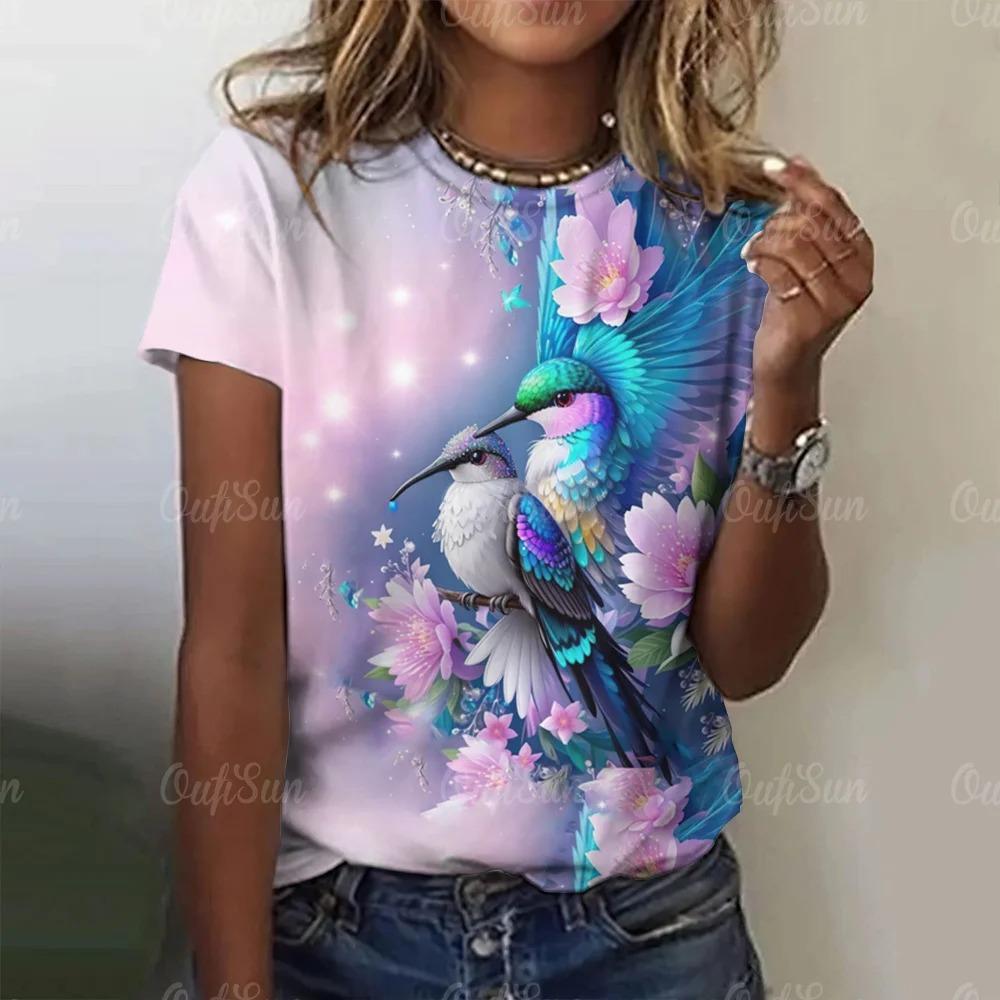 Summer beautiful colorful bird graphic women's T-shirt casual short sleeve fashion streetwear round neck top