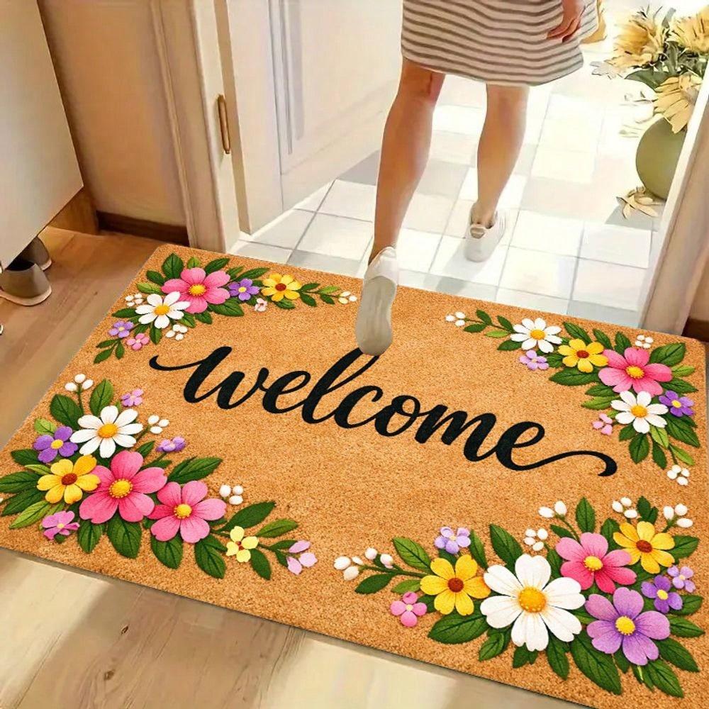 1pz Zerbino di Benvenuto per Ingresso Interno con Fantasia Floreale Materiale Flanella Antiscivolo Confortevole Facile da Pulire Perfetto per Camera da Letto Soggiorno Casa De