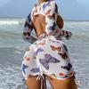 2024 European & American Butterfly Print Drawstring 4-Piece Sexy Women's Bikini Swimwear