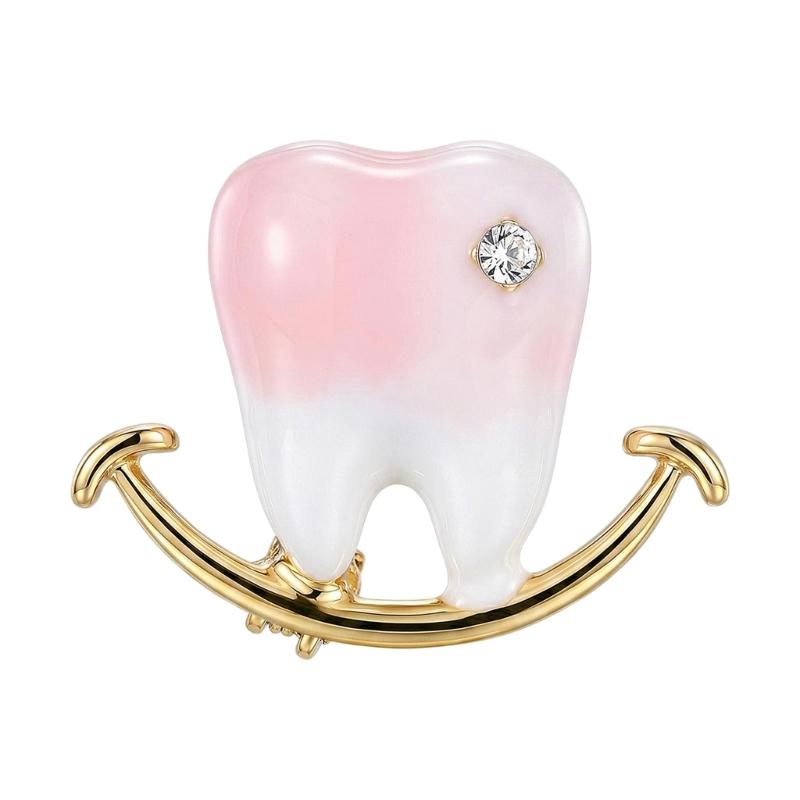 Tooth Brooch Pin Glossy Pink and White Enamel Style Alloy Lapel Accent with Gold Tone Outline, Pin Back Accessory for Jackets Collars and Bags