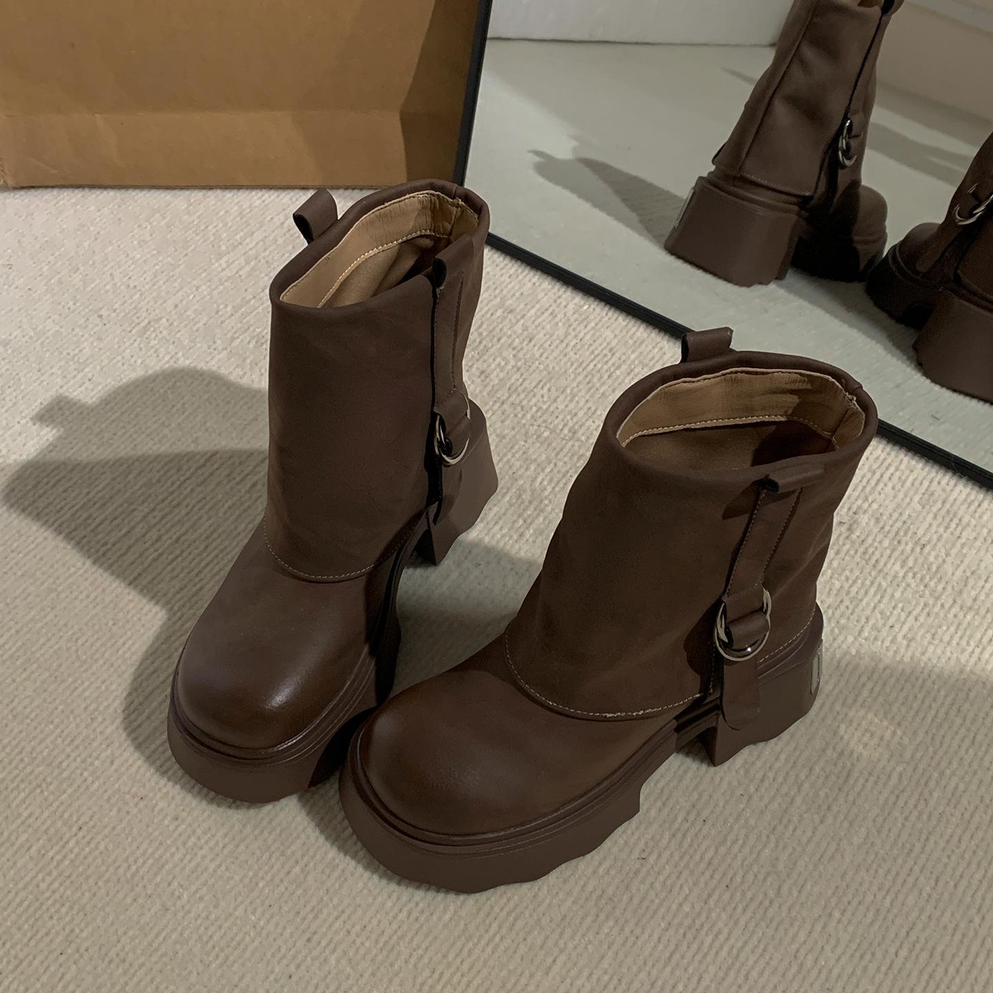 

Vintage Maillard thick heel thick-soled Martin boots women s 2025 new autumn small man height increase versatile short boots 35 коричневый