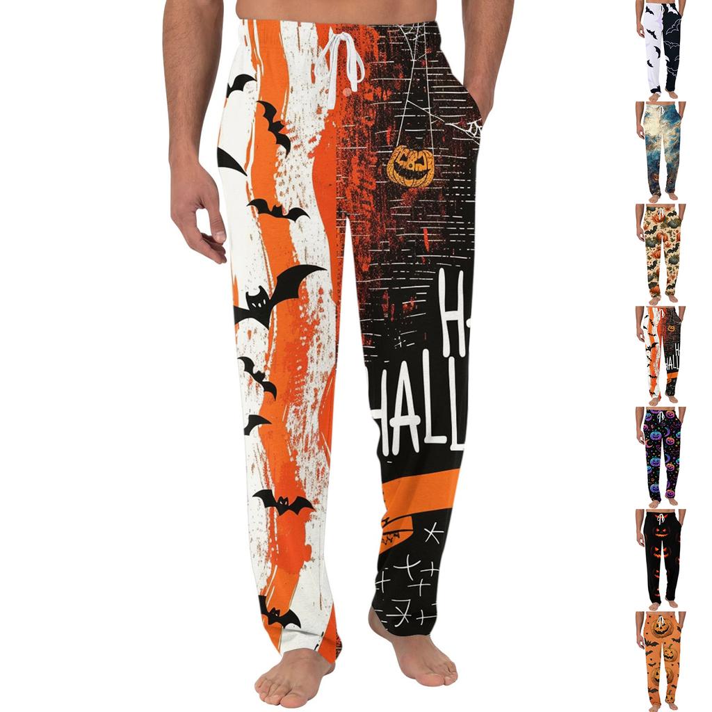 Men's Halloween Print Pocket Casual Pants with Drawstring Waistband Comfortable Fit Lounge Sleepwear Bottoms for Home Use