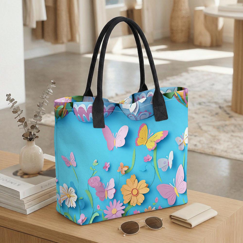  Floral Butterfly Tote Bag Cute Casual Large Capacity Shoulder Handbag for Daily Use