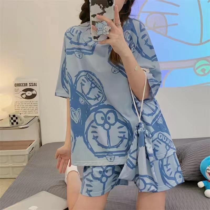 Women's Plus Size Summer Cartoon Pajama Set - Cute Donald Duck Short Sleeve Homewear