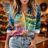 Women's Christmas Print Long Sleeve Button Down Shirt with Pockets Casual Blouse