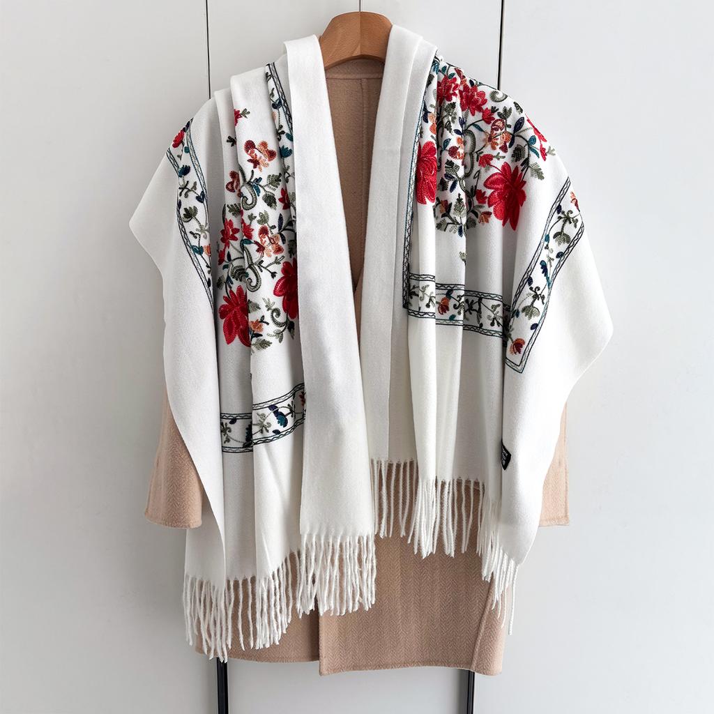 Winter Floral Warm Embroidery Scarf For Women 70*210cm Faux Cashmere Shawl Winter Thick Pashmina Tassels Poncho Elegant Wrap