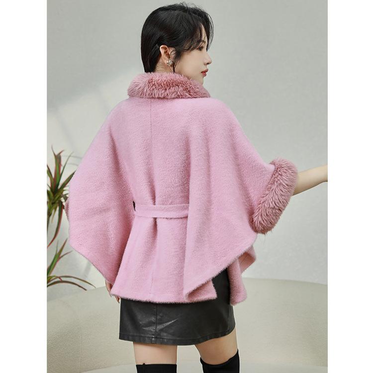 Big Fur Collar High-End Belt Shawl Cape Temperament Stand-Up Collar Short Coat Women