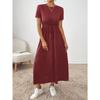 Crew Neck Solid Color Dress - Short Sleeve Drawstring Waist Side Pocket Shift Dress, Casual Breathable Cotton Tunic, Minimalist Everyday Outfit