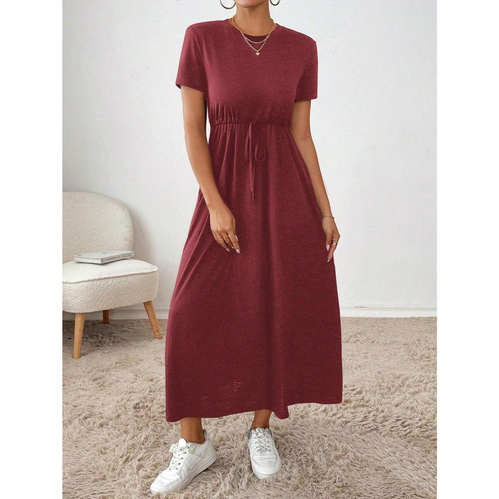 Crew Neck Solid Color Dress - Short Sleeve Drawstring Waist Side Pocket Shift Dress, Casual Breathable Cotton Tunic, Minimalist Everyday Outfit