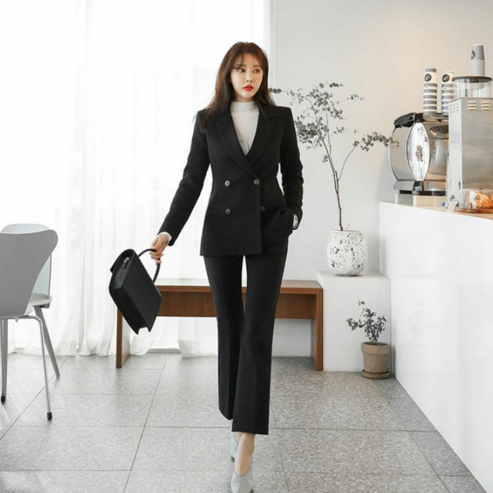 Women's Relaxed Fit 2-Piece Suit Long Sleeve Blazer High Waist Straight Leg Long Pants