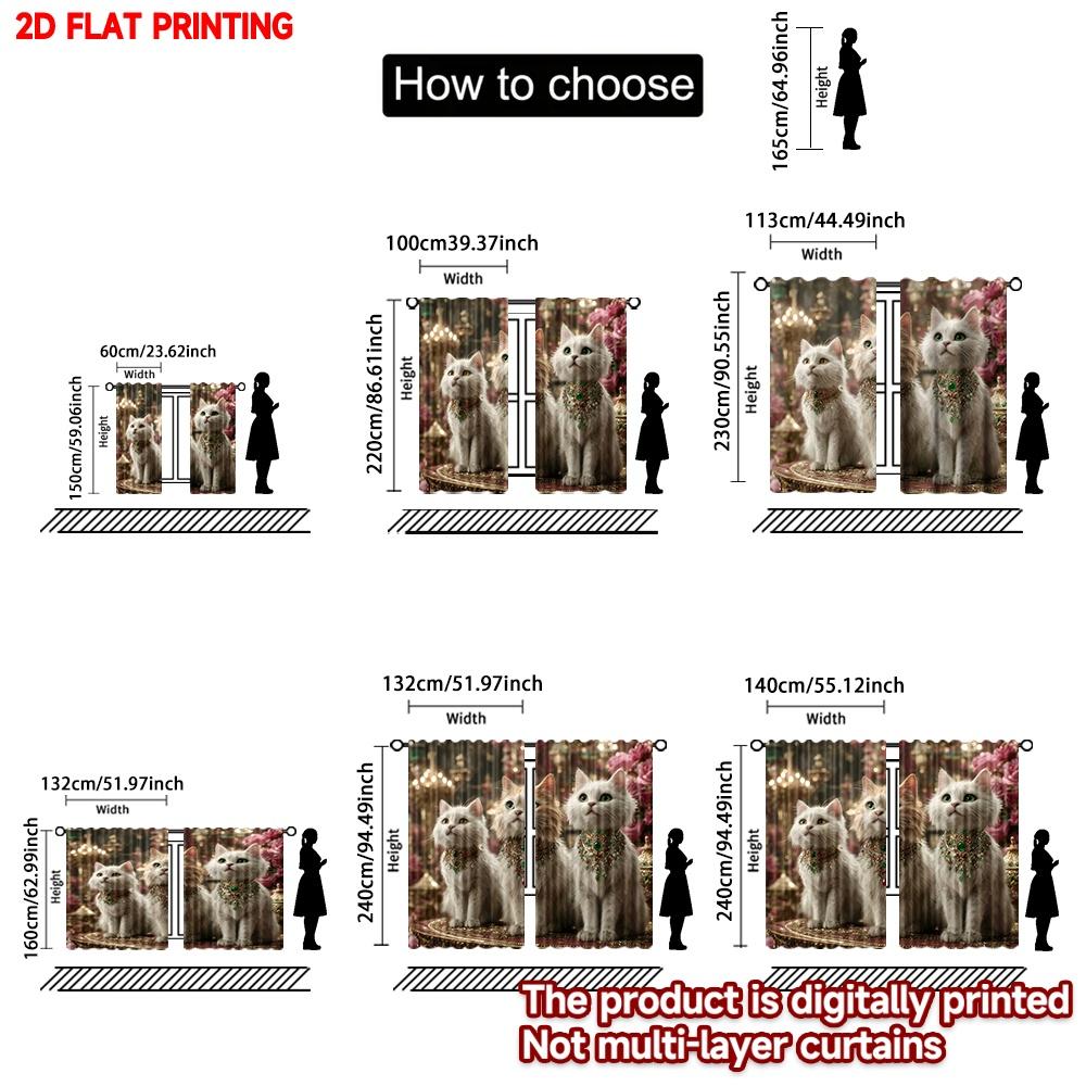 Set Of 2 Royal Cat Curtains White Cats Gemstone Collars Gold Pink Floral Background Luxurious Living Room Decor Curtain Polyester Ideal For Great