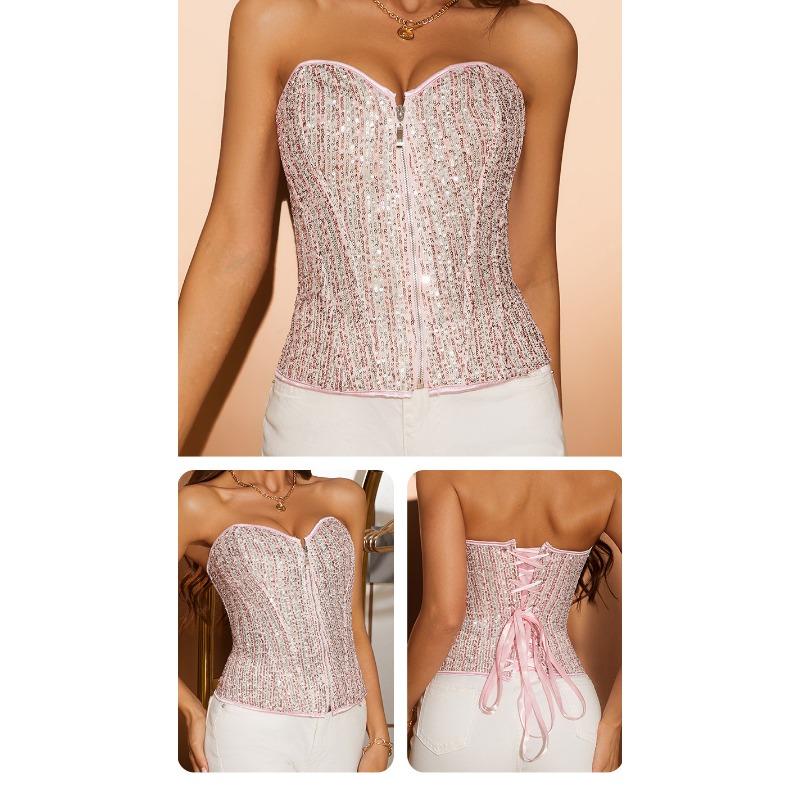 Women European Style Zipper Sequined Boned Waist Cincher Shaping Corset Top