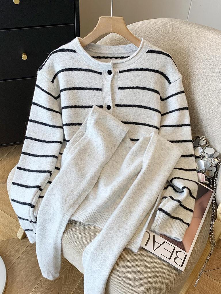 2025 Autumn Women's Korean Style Striped Jacket & Long Sleeve Sweater Two-Piece Set