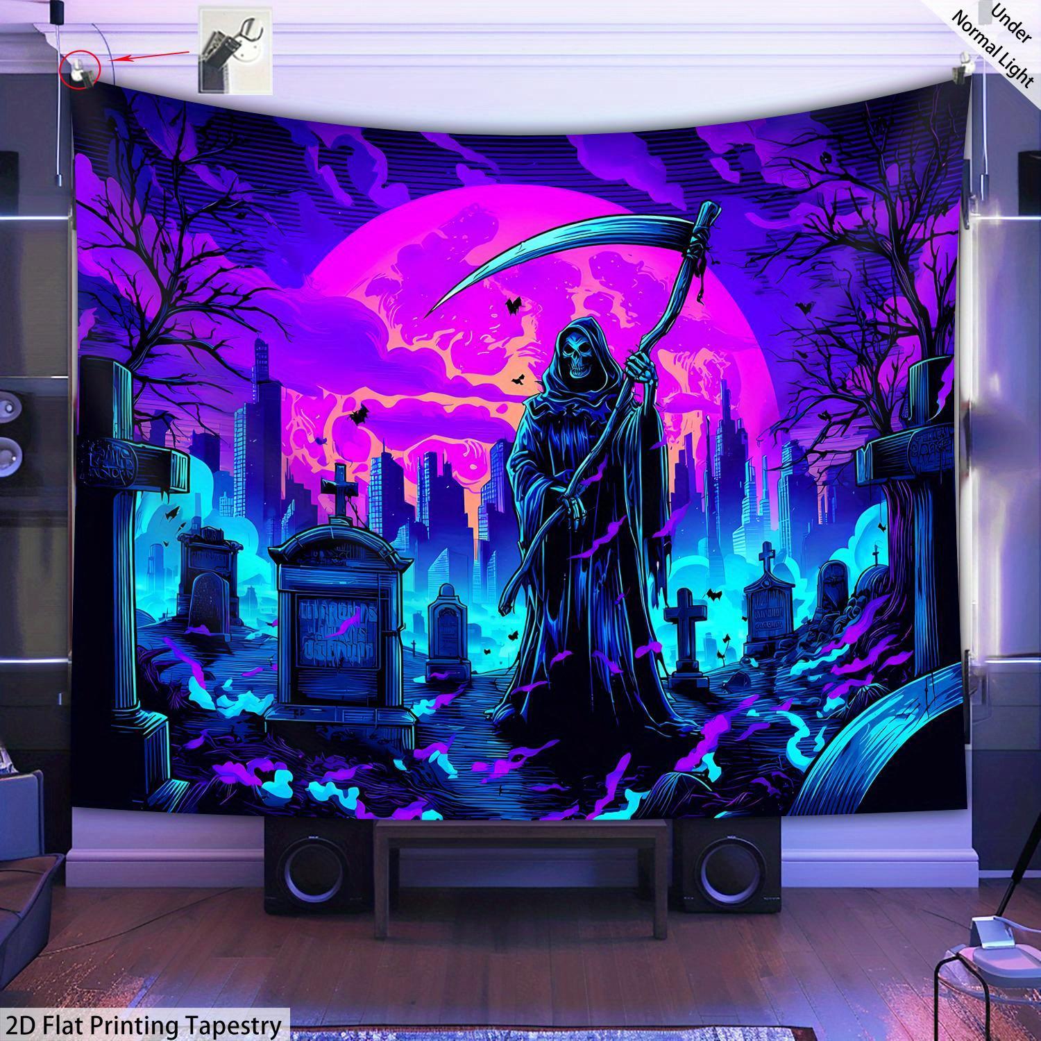 

VIKAMA Grim Reaperthemed tapestry with gradient cemetery neon scythe Grim Reaper dark party escape room Halloween decoration 74x94cm(29x37in)