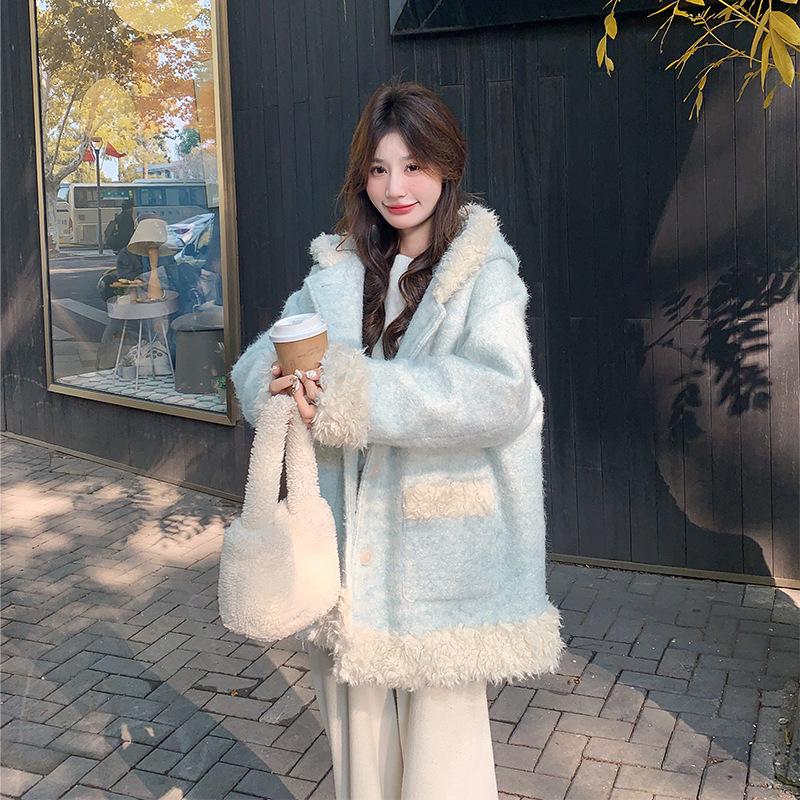 

Women s Blue Woolen Hooded Lambswool Overcoat - Cotton-Padded, Thickened, Short Style for Autumn/Winter 2025 M (50-58 kg)