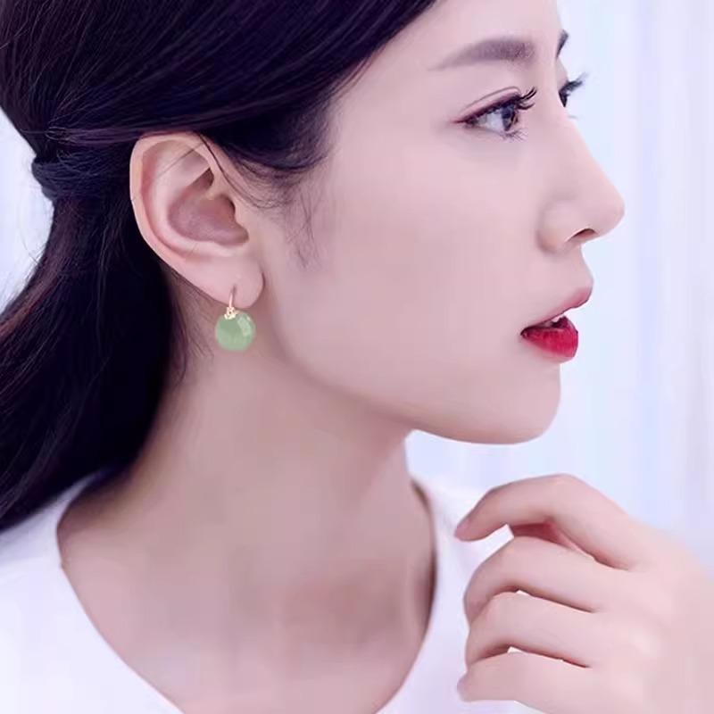 Elegant Imitation Jade Hoop Earrings for Women Green Round Beads Ear Buckle Banquet Jewelry