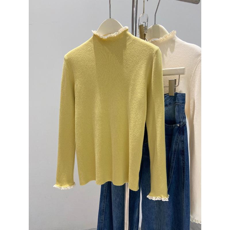 

Черная трикотажная базовая рубашка с высоким кружевом и маленьким воротником-стойкой для женщин на осень и зиму, надетая слоями со свитером с длинным рукавом и топом L жёлтый