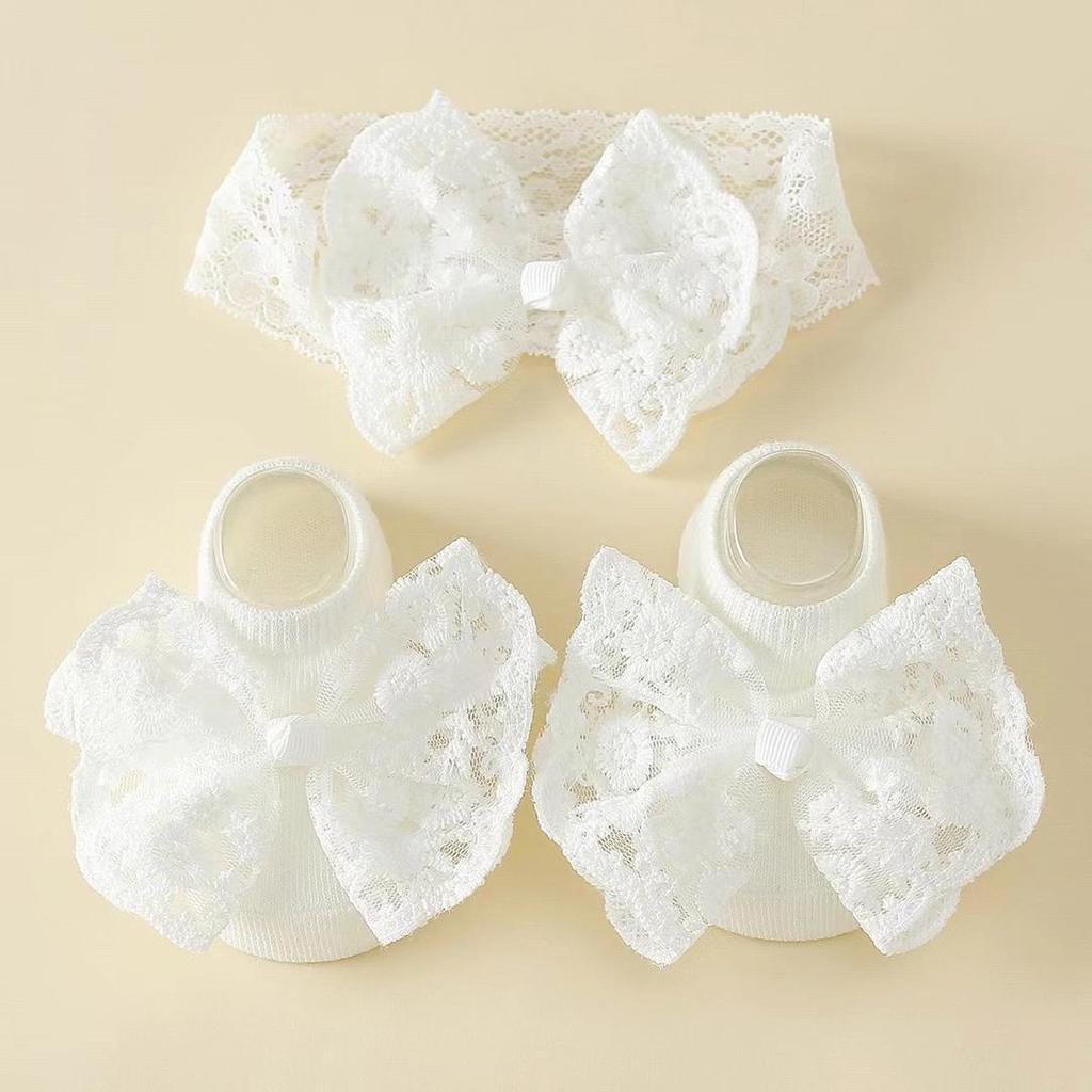 Spitzen-Schleifen-Baby-Stirnband & Rutschfeste Socken Set für Prinzessinnen