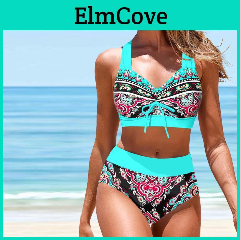 Shoulder Retro Strap Womens Swimsuit Festive Patterns Print Bikini Tankini Swimsuit Hanging Neck Swimsuit