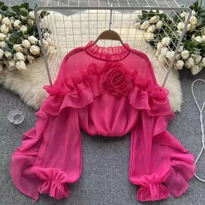 Irregular 3D Flowers Blus for Women O-hals Founded Edge Long Puff Arm Shirts French Chic Pullover Dam Toppar Dropshipping