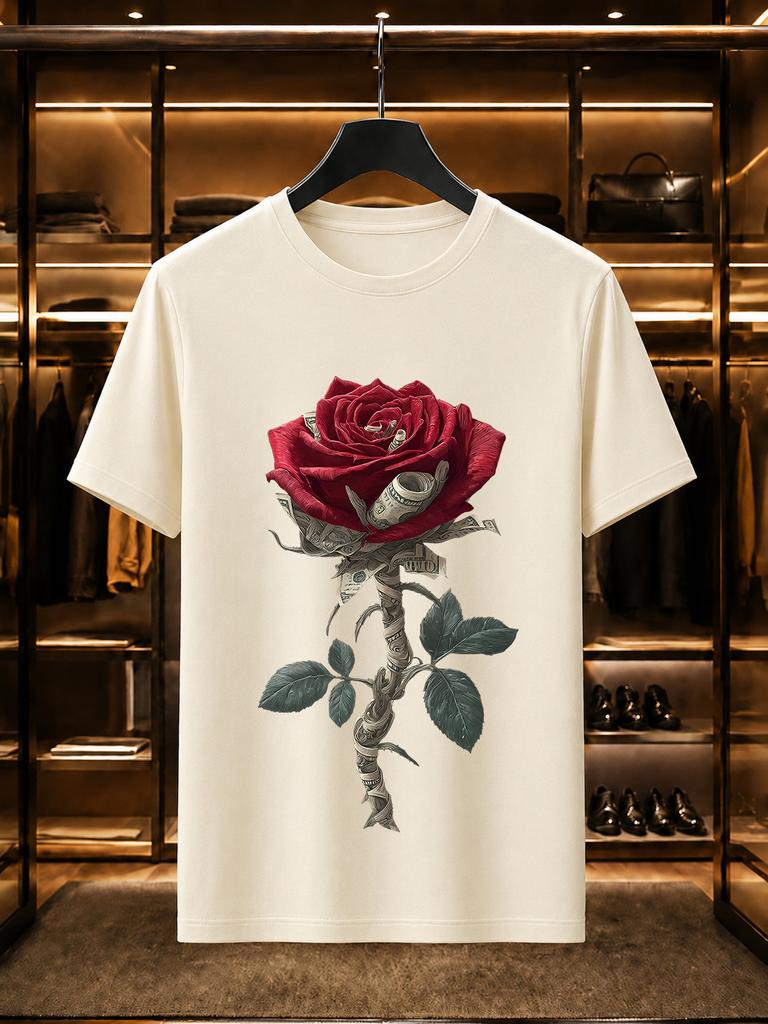 2026 New 100 Cotton Tshirt Realistic Red Rose Wrapped With Dollar Bills Print Luxury Casual Short Sleeve