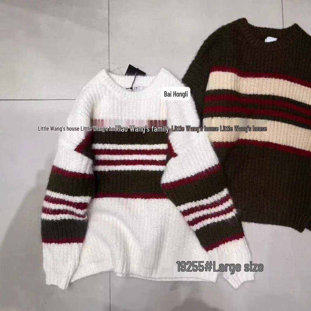 

Xiao Wang s Winter Korean Style Plus Size Casual Color Block Striped Sweater One Size