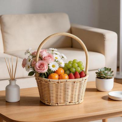 Rattan Woven Handheld Picnic & Flower Basket - Floral Storage & Decoration Basket