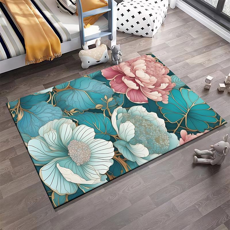 Blumenmuster Blauer-Rosa Teppich Rutschfester Teppich geeignet für Wohnzimmer- und Schlafzimmer-Sofas