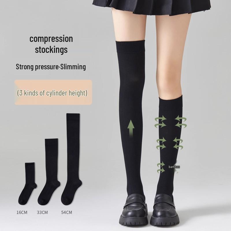Women's Pressure-Reducing Slimming Summer Socks: Over-the-Knee, Mid-Calf, Black, Half-Length JK Style with Leather Shoe Pairing