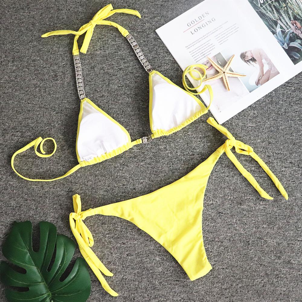 Solid Color Sexy Strap Swimsuit Luxury Rhinestone Swimsuit Bikini